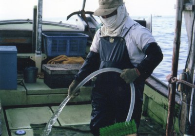 ヤソウカズキン（ドウモコウモ）を着用して漁を行う漁業者（1986年8月4日）